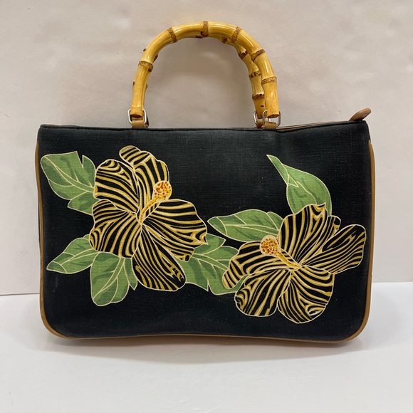 Marlo bamboo handle tote purse embroidered pattern - Picture 2 of 6